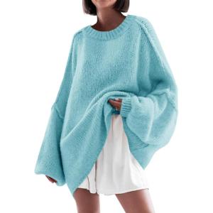 Saodimallsu Womens Oversized Sweater Chunky Crew Neck Long Lantern Sleeve Knit Fall Trendy Tunic Sweaters Top(Blue)