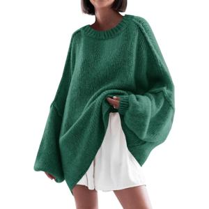 Saodimallsu Womens Oversized Sweater Chunky Crew Neck Long Lantern Sleeve Knit Fall Trendy Tunic Sweaters Top(Green)