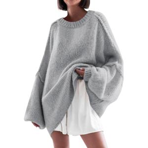 Saodimallsu Womens Oversized Sweater Chunky Crew Neck Long Lantern Sleeve Knit Fall Trendy Tunic Sweaters Top(Grey)