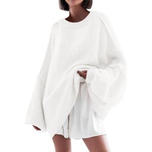 Saodimallsu Womens Oversized Sweater Chunky Crew Neck Long Lantern Sleeve Knit Fall Trendy Tunic Sweaters Top(White)