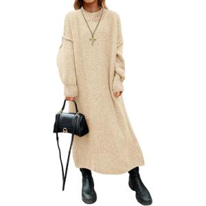 Saodimallsu Womens Oversized Sweater Dress Mock Neck Long Sleeve Casual Warm Chunky Knit Fall Winter Maxi Dresses(Apricot)