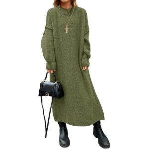 Saodimallsu Womens Oversized Sweater Dress Mock Neck Long Sleeve Casual Warm Chunky Knit Fall Winter Maxi Dresses(Army Green)