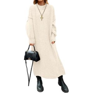 Saodimallsu Womens Oversized Sweater Dress Mock Neck Long Sleeve Casual Warm Chunky Knit Fall Winter Maxi Dresses(Beige)