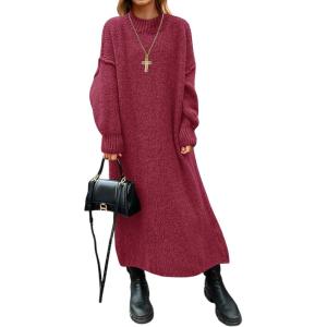 Saodimallsu Womens Oversized Sweater Dress Mock Neck Long Sleeve Casual Warm Chunky Knit Fall Winter Maxi Dresses(Burgundy)