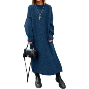 Saodimallsu Womens Oversized Sweater Dress Mock Neck Long Sleeve Casual Warm Chunky Knit Fall Winter Maxi Dresses(Dark Blue)