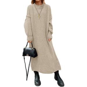 Saodimallsu Womens Oversized Sweater Dress Mock Neck Long Sleeve Casual Warm Chunky Knit Fall Winter Maxi Dresses(Khaki)