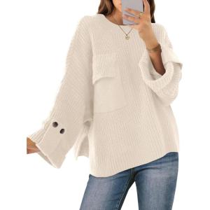 Saodimallsu Womens Oversized Sweaters Chunky Ribbed Knit Crew Neck Casual Long Sleeve Fall Winter Trendy Pullover Tops(Beige)