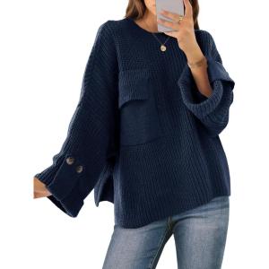 Saodimallsu Womens Oversized Sweaters Chunky Ribbed Knit Crew Neck Casual Long Sleeve Fall Winter Trendy Pullover Tops(Navy)