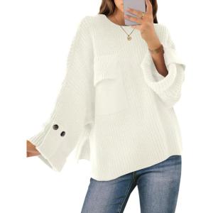 Saodimallsu Womens Oversized Sweaters Chunky Ribbed Knit Crew Neck Casual Long Sleeve Fall Winter Trendy Pullover Tops(White)