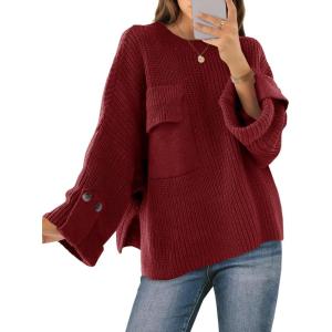 Saodimallsu Womens Oversized Sweaters Chunky Ribbed Knit Crew Neck Casual Long Sleeve Fall Winter Trendy Pullover Tops(Wine Red)