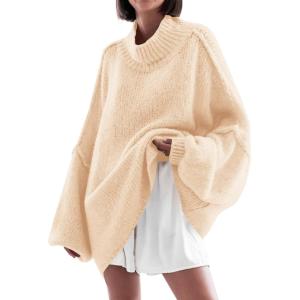 Saodimallsu Womens Oversized Sweaters Mock Neck Batwing Long Sleeve 2025 Fall Trendy Ribbed Knit Casual Tunic Sweater(Beige)