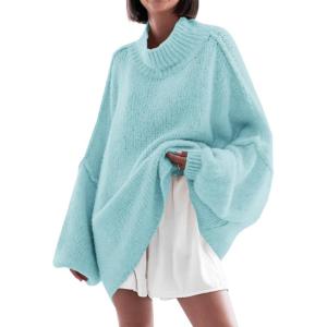 Saodimallsu Womens Oversized Sweaters Mock Neck Batwing Long Sleeve 2025 Fall Trendy Ribbed Knit Casual Tunic Sweater(Blue)
