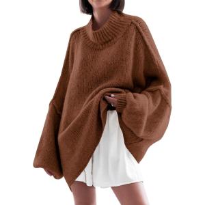 Saodimallsu Womens Oversized Sweaters Mock Neck Batwing Long Sleeve 2025 Fall Trendy Ribbed Knit Casual Tunic Sweater(Brown)