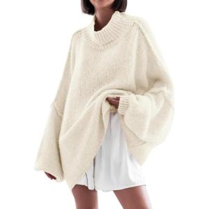 Saodimallsu Womens Oversized Sweaters Mock Neck Batwing Long Sleeve 2025 Fall Trendy Ribbed Knit Casual Tunic Sweater(Creamy-white)