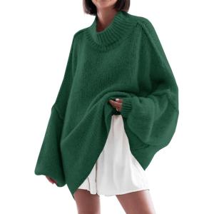 Saodimallsu Womens Oversized Sweaters Mock Neck Batwing Long Sleeve 2025 Fall Trendy Ribbed Knit Casual Tunic Sweater(Green)