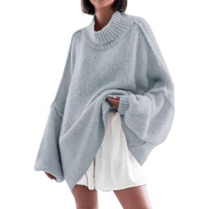 Saodimallsu Womens Oversized Sweaters Mock Neck Batwing Long Sleeve 2025 Fall Trendy Ribbed Knit Casual Tunic Sweater(Grey)