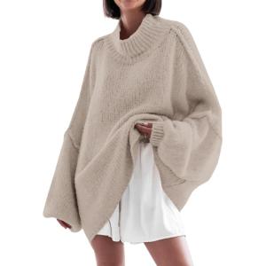 Saodimallsu Womens Oversized Sweaters Mock Neck Batwing Long Sleeve 2025 Fall Trendy Ribbed Knit Casual Tunic Sweater(Khaki)