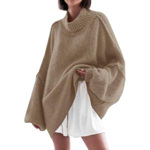 Saodimallsu Womens Oversized Sweaters Mock Neck Batwing Long Sleeve 2025 Fall Trendy Ribbed Knit Casual Tunic Sweater(Light Brown)
