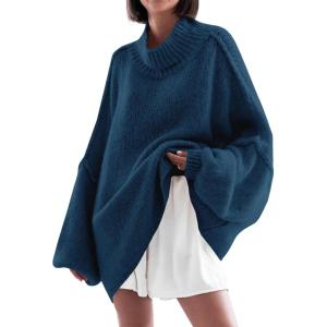 Saodimallsu Womens Oversized Sweaters Mock Neck Batwing Long Sleeve 2025 Fall Trendy Ribbed Knit Casual Tunic Sweater(Navy)