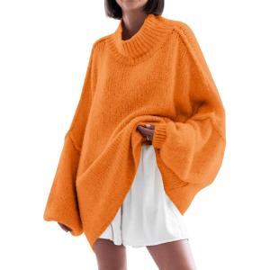 Saodimallsu Womens Oversized Sweaters Mock Neck Batwing Long Sleeve 2025 Fall Trendy Ribbed Knit Casual Tunic Sweater(Orange)