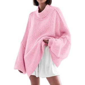 Saodimallsu Womens Oversized Sweaters Mock Neck Batwing Long Sleeve 2025 Fall Trendy Ribbed Knit Casual Tunic Sweater(Pink)