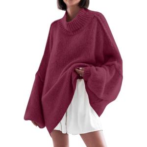 Saodimallsu Womens Oversized Sweaters Mock Neck Batwing Long Sleeve 2025 Fall Trendy Ribbed Knit Casual Tunic Sweater(Wine Red)