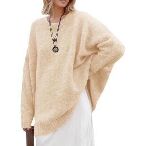 Saodimallsu Womens Oversized Tunic Sweaters Long Sleeve Crew Neck Chunky Knit Slouchy Casual Pullover Sweater Tops(Apricot)
