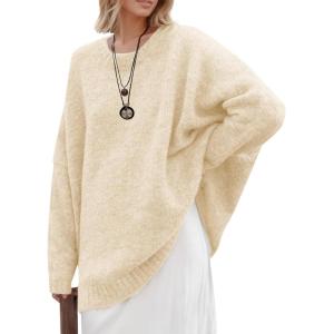Saodimallsu Womens Oversized Tunic Sweaters Long Sleeve Crew Neck Chunky Knit Slouchy Casual Pullover Sweater Tops(Beige)
