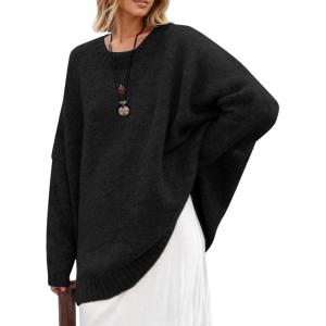 Saodimallsu Womens Oversized Tunic Sweaters Long Sleeve Crew Neck Chunky Knit Slouchy Casual Pullover Sweater Tops(Black)