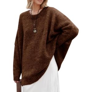 Saodimallsu Womens Oversized Tunic Sweaters Long Sleeve Crew Neck Chunky Knit Slouchy Casual Pullover Sweater Tops(Brown)