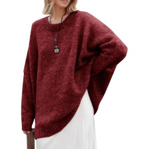 Saodimallsu Womens Oversized Tunic Sweaters Long Sleeve Crew Neck Chunky Knit Slouchy Casual Pullover Sweater Tops(Burgundy)