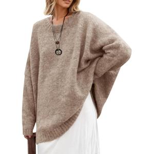 Saodimallsu Womens Oversized Tunic Sweaters Long Sleeve Crew Neck Chunky Knit Slouchy Casual Pullover Sweater Tops(Khaki)