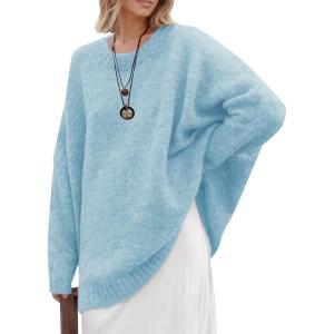 Saodimallsu Womens Oversized Tunic Sweaters Long Sleeve Crew Neck Chunky Knit Slouchy Casual Pullover Sweater Tops(Light Blue)