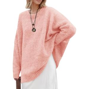 Saodimallsu Womens Oversized Tunic Sweaters Long Sleeve Crew Neck Chunky Knit Slouchy Casual Pullover Sweater Tops(Light Pink)