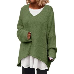 Saodimallsu Womens Oversized V Neck Sweaters Batwing Long Sleeve Knit Fall Slouchy Pullover Sweater Tops(Army Green)