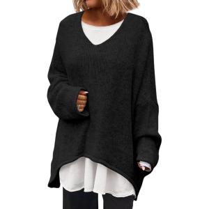 Saodimallsu Womens Oversized V Neck Sweaters Batwing Long Sleeve Knit Fall Slouchy Pullover Sweater Tops(Black)