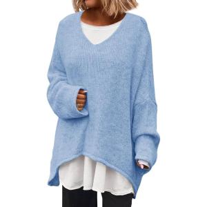 Saodimallsu Womens Oversized V Neck Sweaters Batwing Long Sleeve Knit Fall Slouchy Pullover Sweater Tops(Blue)