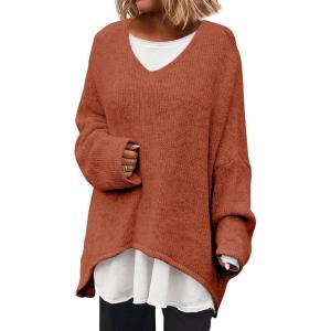 Saodimallsu Womens Oversized V Neck Sweaters Batwing Long Sleeve Knit Fall Slouchy Pullover Sweater Tops(Brick Red)