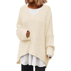 Saodimallsu Womens Oversized V Neck Sweaters Batwing Long Sleeve Knit Fall Slouchy Pullover Sweater Tops(Cream)