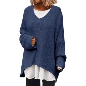 Saodimallsu Womens Oversized V Neck Sweaters Batwing Long Sleeve Knit Fall Slouchy Pullover Sweater Tops(Dark Blue)