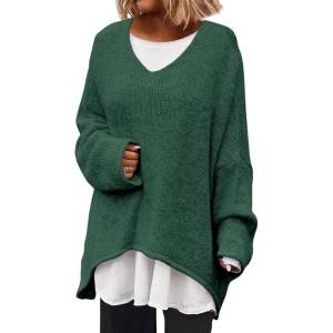 Saodimallsu Womens Oversized V Neck Sweaters Batwing Long Sleeve Knit Fall Slouchy Pullover Sweater Tops(Dark Green)