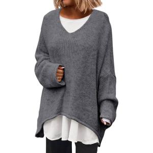 Saodimallsu Womens Oversized V Neck Sweaters Batwing Long Sleeve Knit Fall Slouchy Pullover Sweater Tops(Dark Grey)