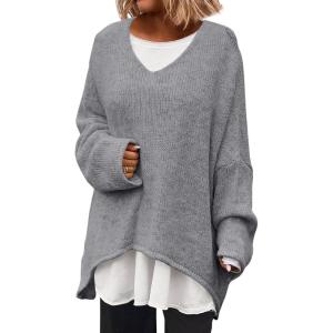 Saodimallsu Womens Oversized V Neck Sweaters Batwing Long Sleeve Knit Fall Slouchy Pullover Sweater Tops(Grey)