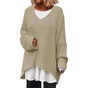 Saodimallsu Womens Oversized V Neck Sweaters Batwing Long Sleeve Knit Fall Slouchy Pullover Sweater Tops(Khaki)