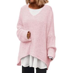 Saodimallsu Womens Oversized V Neck Sweaters Batwing Long Sleeve Knit Fall Slouchy Pullover Sweater Tops(Pink)