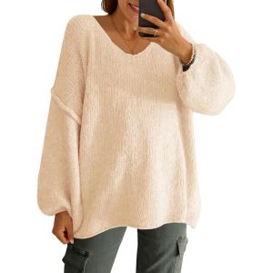 Saodimallsu Womens Oversized V Neck Sweaters Chunky Knit Lantern Long Sleeve Fall Winter Slouchy Tunic Sweater Tops(Apricot)
