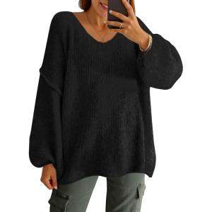 Saodimallsu Womens Oversized V Neck Sweaters Chunky Knit Lantern Long Sleeve Fall Winter Slouchy Tunic Sweater Tops(Black)