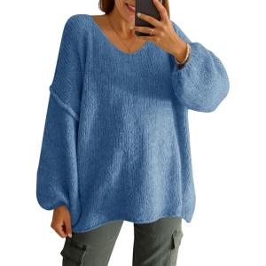 Saodimallsu Womens Oversized V Neck Sweaters Chunky Knit Lantern Long Sleeve Fall Winter Slouchy Tunic Sweater Tops(Blue)