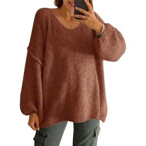 Saodimallsu Womens Oversized V Neck Sweaters Chunky Knit Lantern Long Sleeve Fall Winter Slouchy Tunic Sweater Tops(Brick Red)