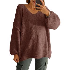 Saodimallsu Womens Oversized V Neck Sweaters Chunky Knit Lantern Long Sleeve Fall Winter Slouchy Tunic Sweater Tops(Brown)